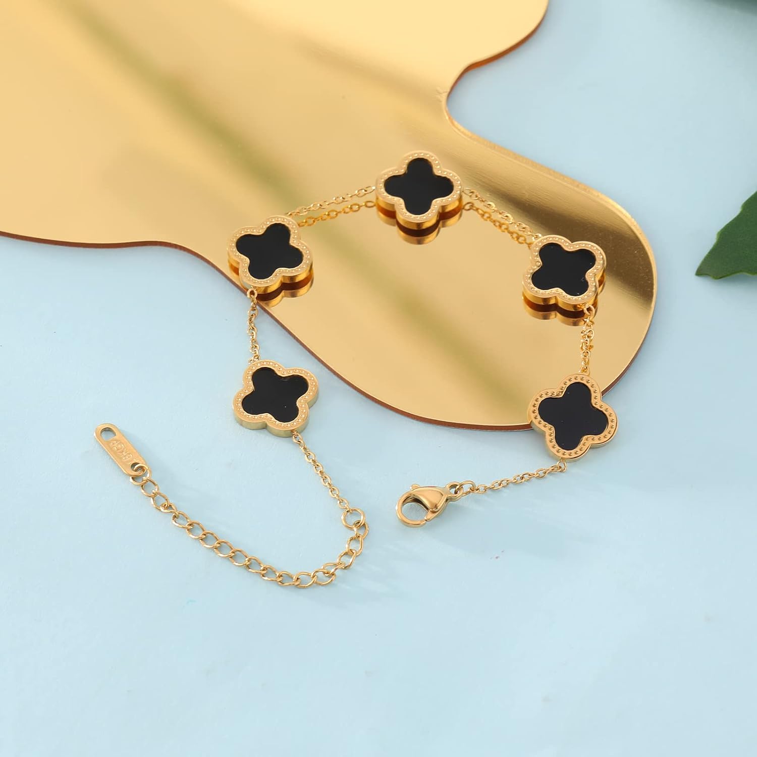 WSupikio Link Bracelets for Women Girls Trendy Bracelet Cute Plated 18K Gold Lucky Adjustable Clover Link Bracelets Mother's Day Christmas Gift Jewelry