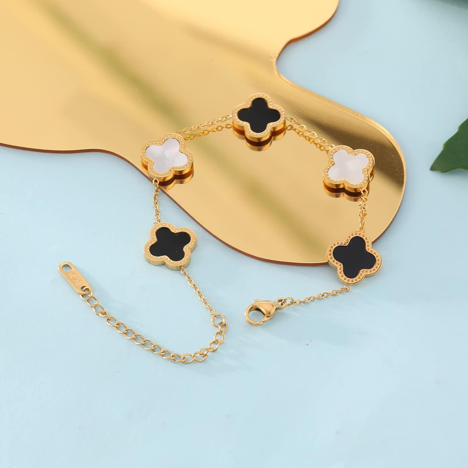 WSupikio Link Bracelets for Women Girls Trendy Bracelet Cute Plated 18K Gold Lucky Adjustable Clover Link Bracelets Mother's Day Christmas Gift Jewelry