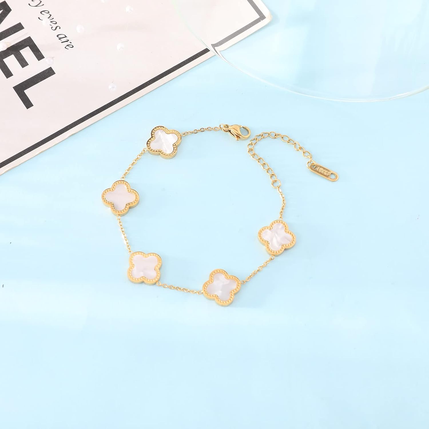 WSupikio Link Bracelets for Women Girls Trendy Bracelet Cute Plated 18K Gold Lucky Adjustable Clover Link Bracelets Mother's Day Christmas Gift Jewelry