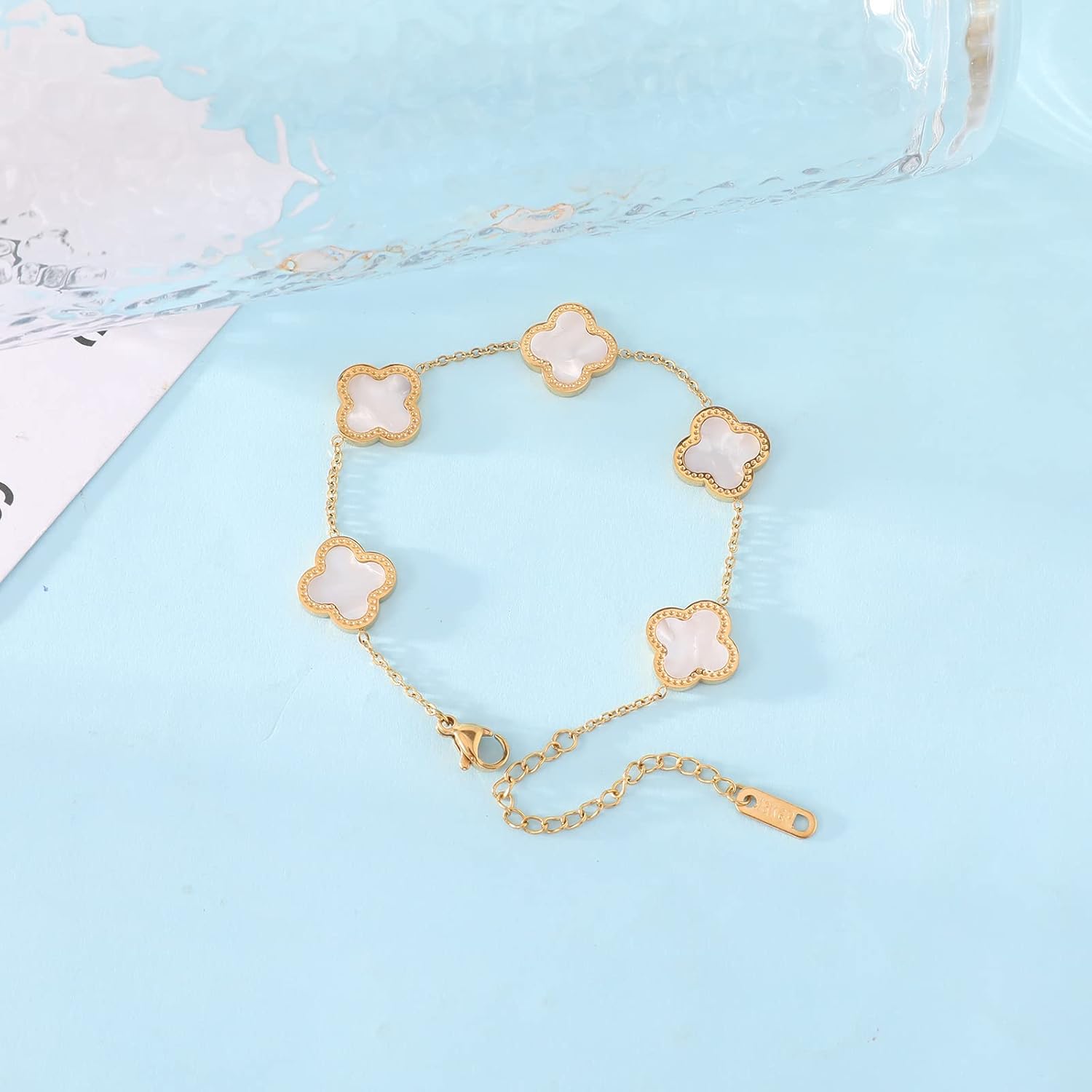WSupikio Link Bracelets for Women Girls Trendy Bracelet Cute Plated 18K Gold Lucky Adjustable Clover Link Bracelets Mother's Day Christmas Gift Jewelry