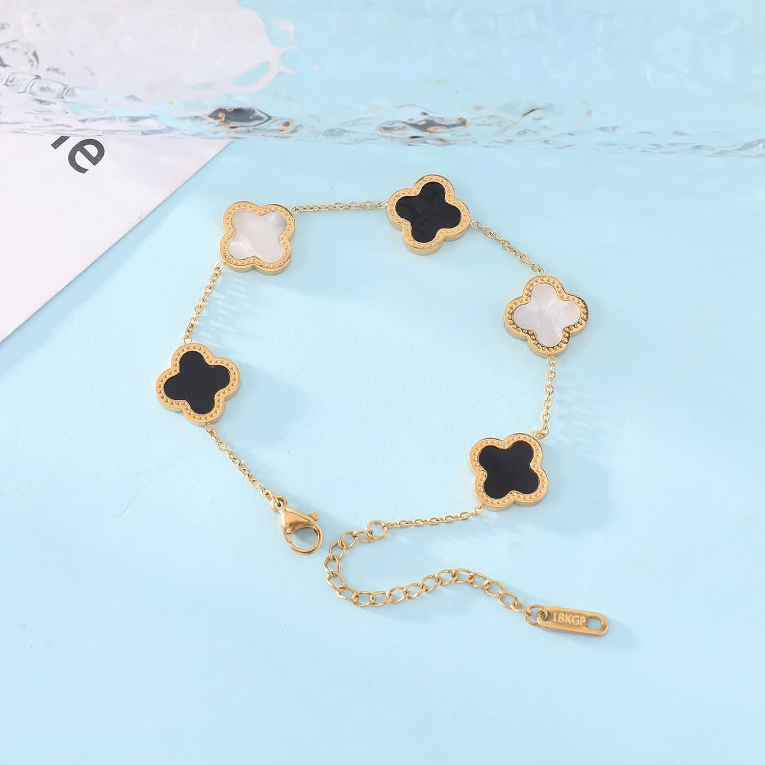 WSupikio Link Bracelets for Women Girls Trendy Bracelet Cute Plated 18K Gold Lucky Adjustable Clover Link Bracelets Mother's Day Christmas Gift Jewelry