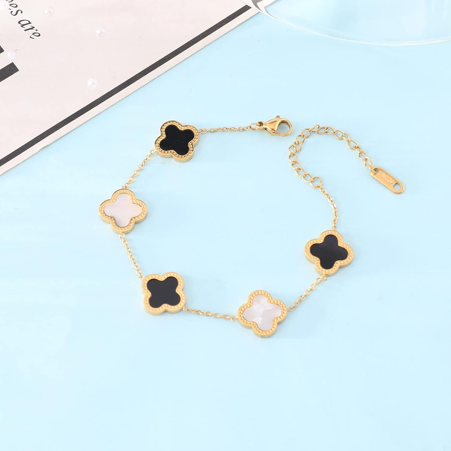 WSupikio Link Bracelets for Women Girls Trendy Bracelet Cute Plated 18K Gold Lucky Adjustable Clover Link Bracelets Mother's Day Christmas Gift Jewelry