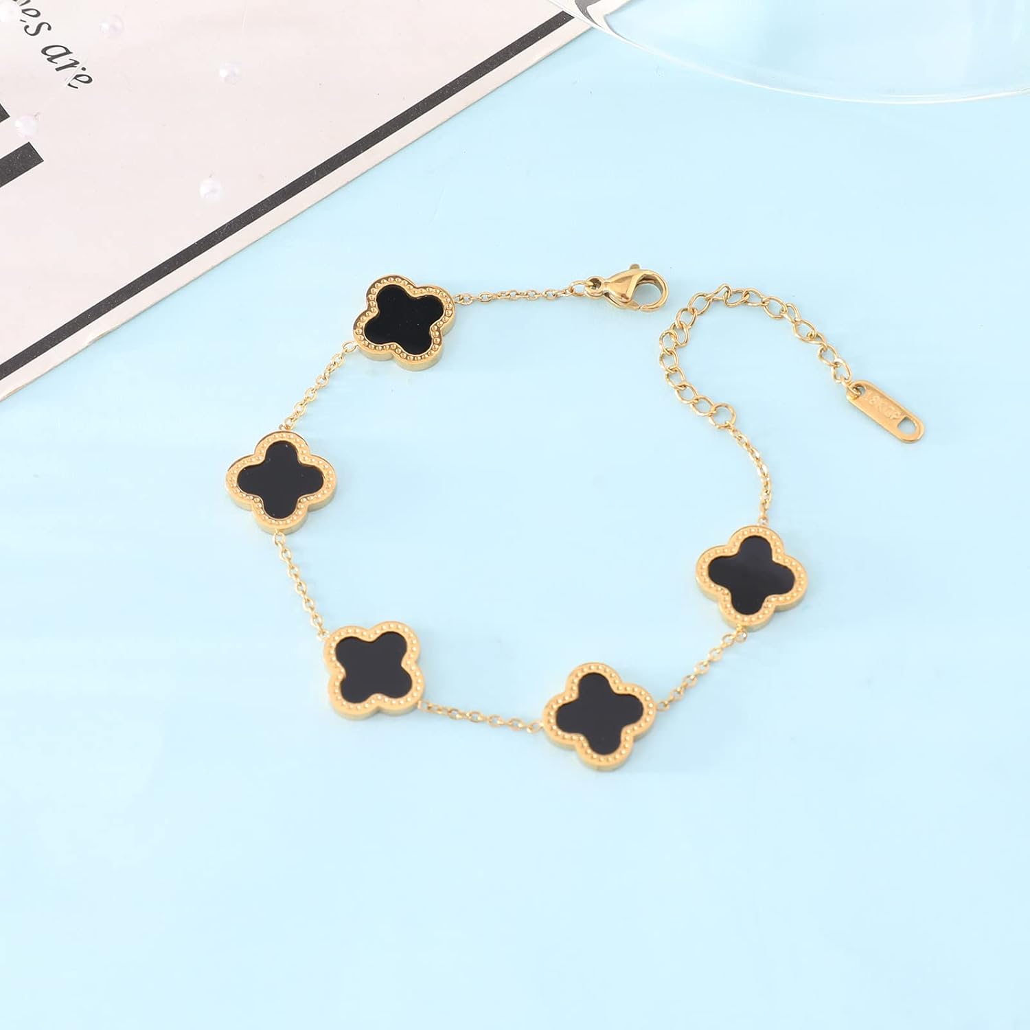 WSupikio Link Bracelets for Women Girls Trendy Bracelet Cute Plated 18K Gold Lucky Adjustable Clover Link Bracelets Mother's Day Christmas Gift Jewelry