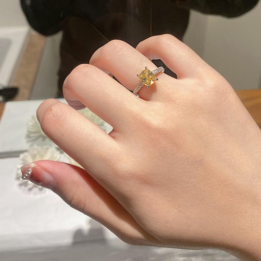 Mozambican diamond ring S925 sterling silver inlaid with color ice flower fat rectangular yellow diamond micro-inlaid ring fashion temperament
