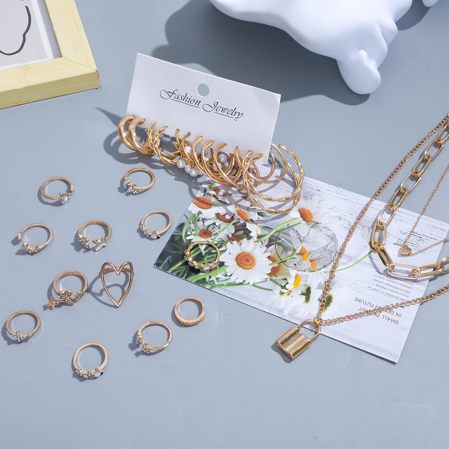 NEWITIN 49 Pieces Gold Jewelry Set for Women Fashion Costume Jewelry Gold Plated Necklace Bracelet Ring Gold Earrings Set for Women