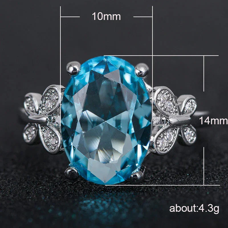 Oversized Sea Blue Zircon Ladies Ring Simple Bow Ring Ring