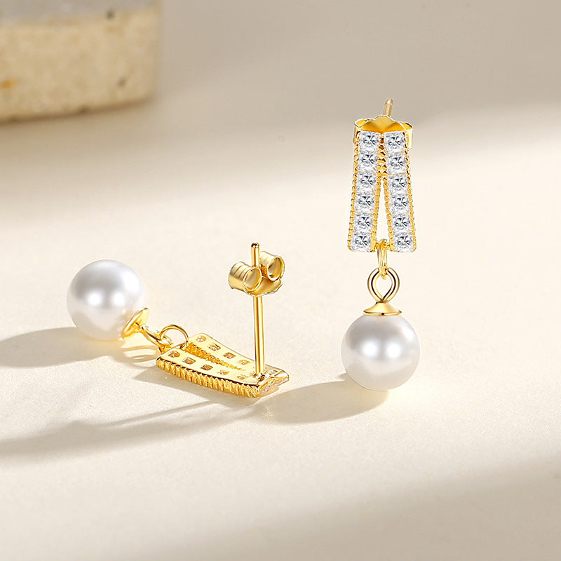 Geometric Pearl Diamond Affordable Luxury Style Niche Pearl Stud Earrings