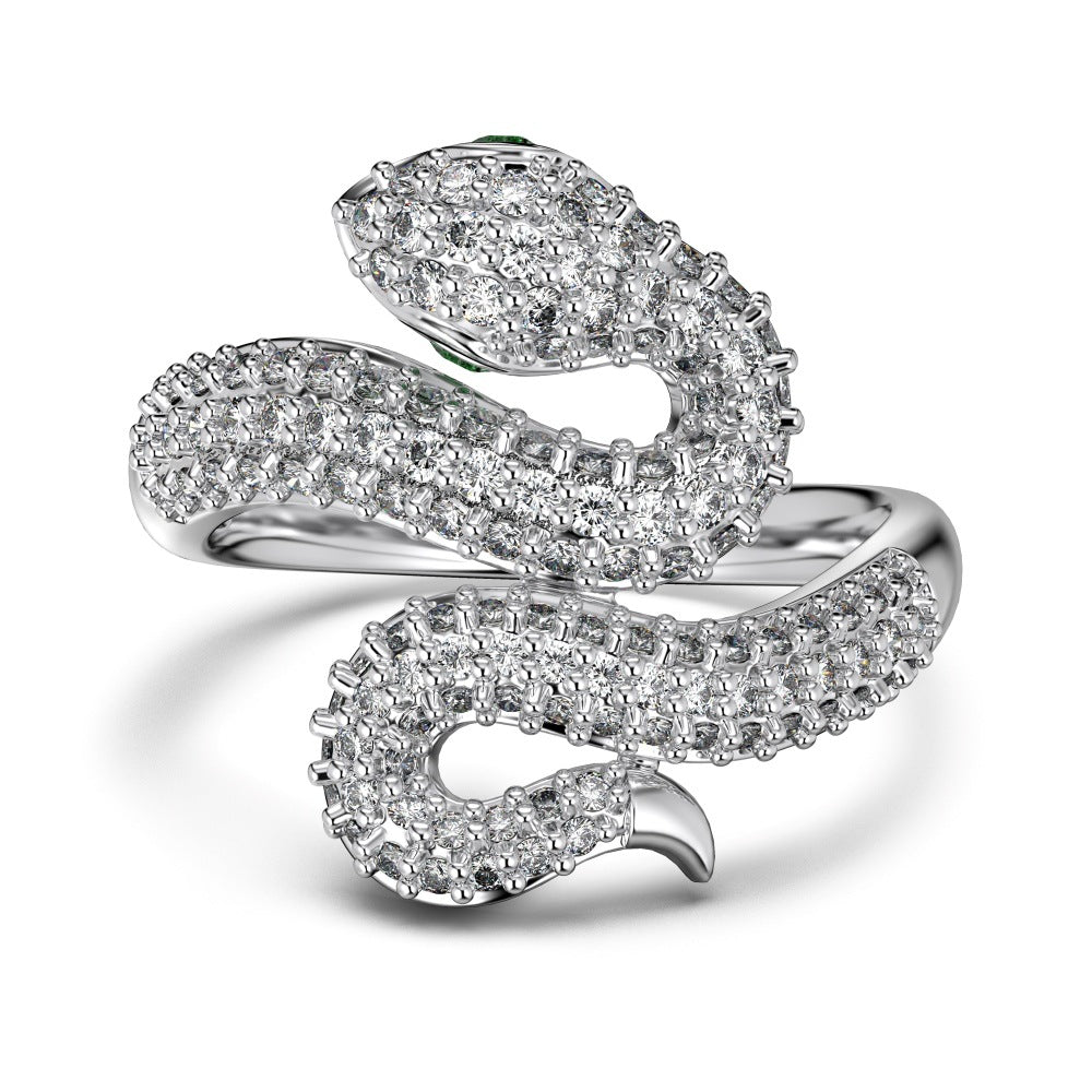 Trendy S925 Silver Women Ring Unique Snake Green Eye Design with Full Zirconia Exquisite Closed Band