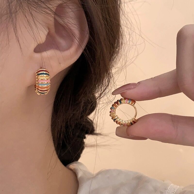 Retro Colorful Stripes Hoop Earrings Elegant Women's Light Luxury High-end Sense