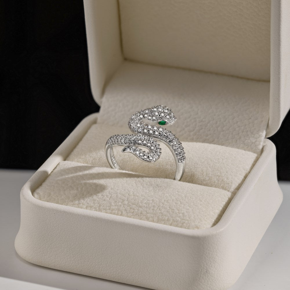 Trendy S925 Silver Women Ring Unique Snake Green Eye Design with Full Zirconia Exquisite Closed Band