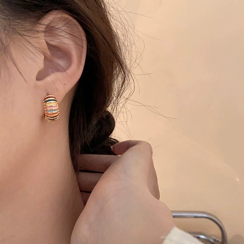 Retro Colorful Stripes Hoop Earrings Elegant Women's Light Luxury High-end Sense