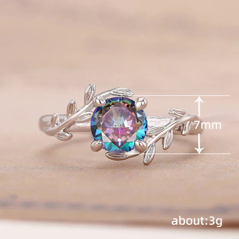 Japanese And Korean Colorful Zircon Flower Ring Leaf Shape White Gold Color Finger Ring