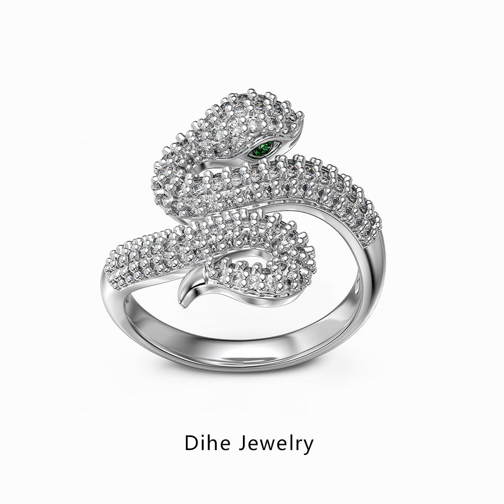 Trendy S925 Silver Women Ring Unique Snake Green Eye Design with Full Zirconia Exquisite Closed Band