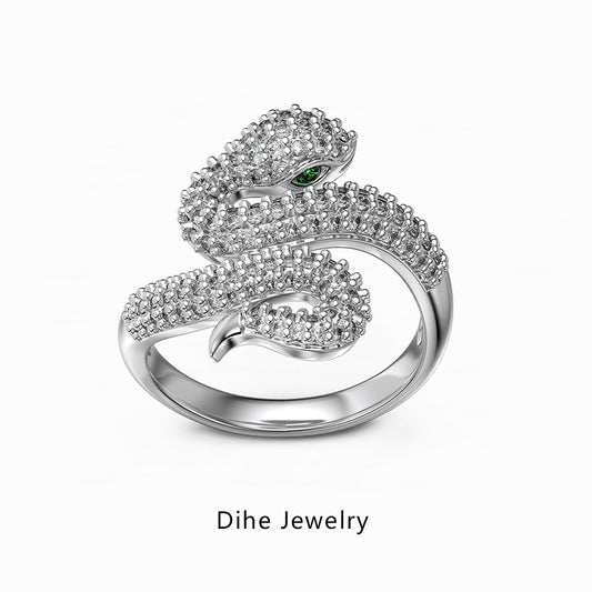 Trendy S925 Silver Women Ring Unique Snake Green Eye Design with Full Zirconia Exquisite Closed Band