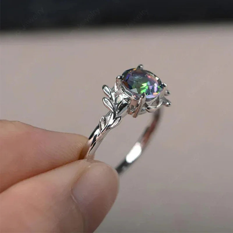 Japanese And Korean Colorful Zircon Flower Ring Leaf Shape White Gold Color Finger Ring