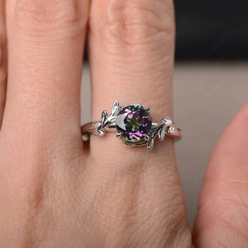 Japanese And Korean Colorful Zircon Flower Ring Leaf Shape White Gold Color Finger Ring