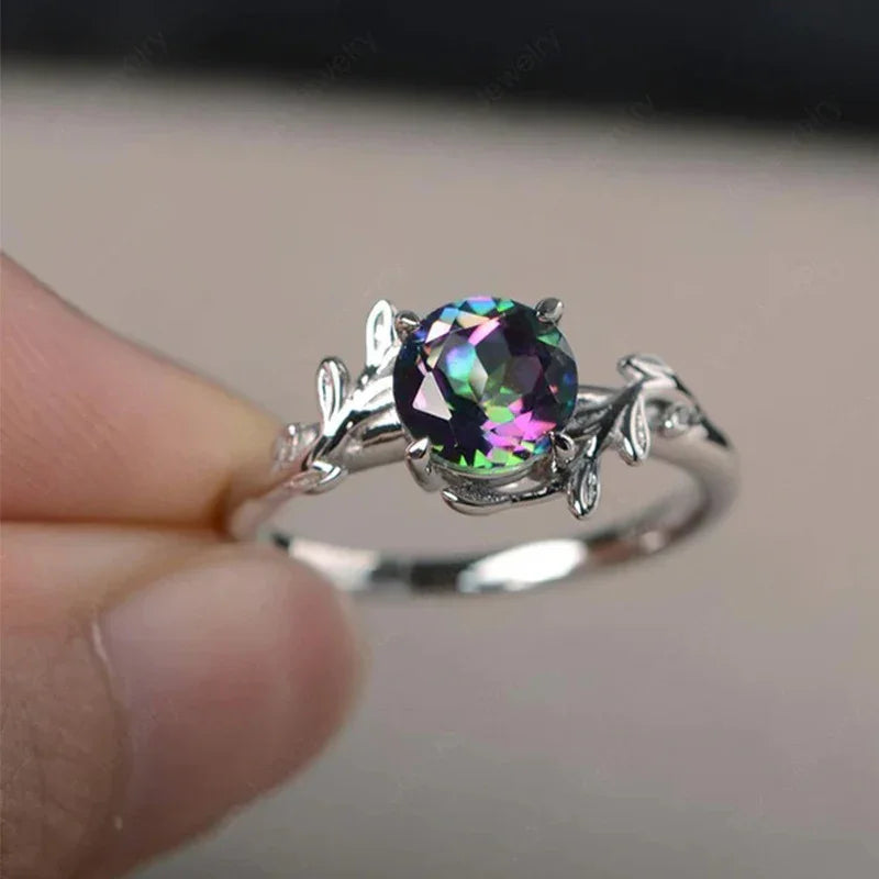 Japanese And Korean Colorful Zircon Flower Ring Leaf Shape White Gold Color Finger Ring